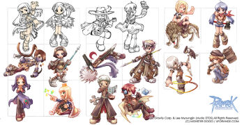2000s_(style) 6+boys 6+girls alchemist_(ragnarok_online) armor armored_skirt assassin_(ragnarok_online) axe backflip bad_id bandages bandages_over_clothes bandana bangs_pinned_back bard_(ragnarok_online) belt bird bird_on_hand black_coat black_eyes black_thighhighs blacksmith_(ragnarok_online) blonde_hair blue_pants blue_shorts book boots bow_(weapon) breastplate brown_belt brown_cape brown_capelet brown_eyes brown_footwear brown_gloves brown_hair brown_hat brown_pants brown_shirt brown_shorts brown_skirt brown_socks brown_thighhighs newsboy_cap cape capelet chainmail chibi chibi_only cigarette closed_mouth coat coif commentary_request copyright_notice cropped_jacket cross crossed_legs dagger dancer_(ragnarok_online) dated_commentary dress eagle eighth_note eye_print filir_(ragnarok_online) fingerless_gloves floating floating_book floating_object folding_fan full_body gauntlets gloves hair_between_eyes hair_over_one_eye hair_tie_in_mouth hammer hand_fan hat headphones high_ponytail holding holding_axe holding_bow_(weapon) holding_cigarette holding_dagger holding_fan holding_hammer holding_knife holding_polearm holding_weapon hunter_(ragnarok_online) instrument jacket jamadhar juliet_sleeves knife knight_(ragnarok_online) korean_commentary leotard logo long_bangs long_hair long_sleeves looking_afar looking_at_viewer low_ponytail low_twintails lute_(instrument) mask midriff miniskirt monster_gogo mouth_hold mouth_mask multiple_boys multiple_girls music musical_note ninja_mask official_art one_eye_closed open_mouth pants pants_under_shorts pauldrons photoshop_(medium) playing_instrument polearm ponytail priest_(ragnarok_online) puffy_sleeves purple_coif purple_dress purple_leotard ragnarok_online red_bandana red_coat red_hair red_shirt scarf sequins shirt shoes short_bangs short_hair short_shorts short_sleeves shorts shorts_under_skirt shoulder_armor simple_background sitting skirt sleeveless sleeveless_shirt smile smoking socks spear thighhighs torn_clothes torn_scarf twintails two-sided_coat two-sided_fabric tying_hair unfinished visor_(armor) war_hammer waving weapon white_background white_cape white_hair white_jacket white_shirt wide_brim wizard_(ragnarok_online) wolf