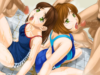 2boys 2girls apple_pie_(artist) arena_(company) back-to-back blue_one-piece_swimsuit blush breasts brown_hair censored character_request collarbone competition_swimsuit copyright_request drain_(object) drinking_pee from_above golden_shower green_eyes group_sex lipstick logo long_hair lower_teeth_only makeup male_pubic_hair multicolored_swimsuit multiple_boys multiple_girls one-piece_swimsuit open_mouth pee peeing peeing_in_mouth peeing_together penis pubic_hair short_hair sitting swimsuit teeth testicles tile_floor tiles