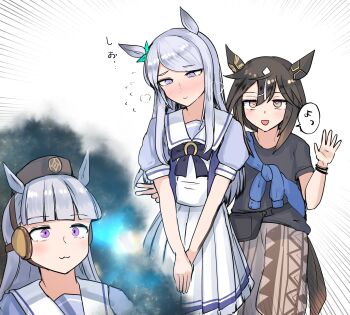 3girls animal_ears black_hair blunt_bangs blush bow commentary_request ear_covers gold_ship_(umamusume) grey_hair hair_between_eyes hat highres horse_ears horse_girl horse_tail kanikama25 long_hair mejiro_mcqueen_(umamusume) multicolored_hair multiple_girls open_mouth purple_eyes school_uniform short_sleeves smile stay_gold_(casual)_(umamusume) stay_gold_(umamusume) tail tracen_school_uniform umamusume white_hair