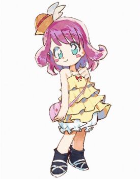 1girl 7is_dm bloomers blush_stickers dress frills full_body hat looking_at_viewer original purple_hair shoes short_hair sleeveless sleeveless_dress smile solo standing underwear white_background