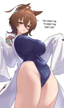 1girl absurdres agnes_tachyon_(tach-nology)_(umamusume) agnes_tachyon_(umamusume) ahoge alternate_breast_size_(larger) animal_ears blue_one-piece_swimsuit blush breasts brown_hair coat competition_school_swimsuit covered_navel earrings english_text hair_between_eyes highres horse_ears horse_girl huge_ahoge jewelry lab_coat large_breasts long_sleeves mara2ks medium_hair one-piece_swimsuit open_clothes open_coat open_mouth red_eyes school_swimsuit simple_background single_earring sleeves_past_fingers sleeves_past_wrists solo swimsuit tracen_swimsuit umamusume white_background white_coat