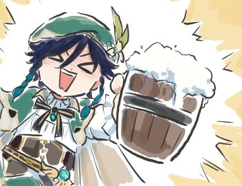 1boy beret black_hair blue_hair braid cape cup drunk flower genshin_impact gradient_hair green_cape green_hat hair_flower hair_ornament hat highres holding holding_cup male_focus multicolored_hair twin_braids venti_(genshin_impact) vision_(genshin_impact) xinzoruo