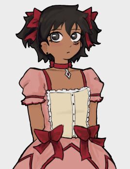 Rule 34 | 1girl, black eyes, black hair, choker, cosplay, dark skin, dress, highres, kaname madoka (cosplay), mahou shoujo madoka magica, pink dress, solo, squidmiku 