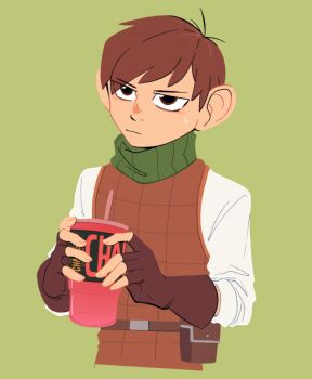 1boy brown_hair chilchuck_tims commentary dungeon_meshi english_commentary fingerless_gloves gloves halfling jitome karina_farek large_ears long_sleeves male_focus neck_warmer shirt short_hair