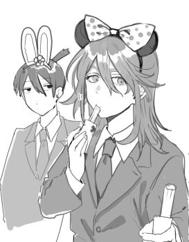 2boys androgynous angel_devil_(chainsaw_man) animal_ear_hairband animal_ears business_suit chainsaw_man churro commentary eating english_commentary fake_animal_ears formal_clothes greyscale hair_between_eyes hairband hayakawa_aki highres holding_churro jacket long_hair looking_at_viewer male_focus messy_hair minnie_mouse_ears mole monochrome multiple_boys necktie rabbit_ear_hairband rabbit_ears sketch suit suit_jacket topknot upper_body yano_sou