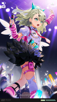 Rule 34 | 1girl, absurdres, arm up, arm warmers, black skirt, chinese commentary, commentary request, green hair, hair ornament, hairclip, hand up, highres, idol, leg warmers, long hair, microphone, music, open mouth, second-party source, shirt, short sleeves, singing, single thighhigh, skirt, standing, striped arm warmers, striped leg warmers, sunna (zenless zone zero), teeth, thighhighs, torn clothes, torn thighhighs, white shirt, white thighhighs, zenless zone zero