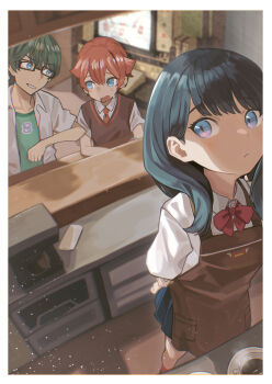 1girl 2boys absurdres apron black_hair black_skirt blue_eyes blush bow bowtie cafe collared_shirt commentary_request couch cup glasses green_hair green_shirt gridman_universe hibiki_yuuta highres indoors long_hair multiple_boys necktie open_clothes open_mouth pleated_skirt red_bow red_bowtie red_hair red_necktie school_uniform shirt short_hair short_sleeves skirt ssss.gridman t-shirt table takarada_rikka tyaui_(xjju4435) utsumi_shou white_shirt