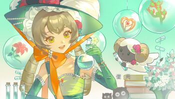 1girl :d absurdres bare_shoulders book book_stack bow carbuncle_(reverse:1999) chinstrap dress elbow_gloves flask flower gloves gradient_background green_background green_dress green_eyes green_gloves green_hat hand_up hat hat_feather hat_flower highres holding holding_flask looking_at_viewer open_mouth orange_bow picture_hat red_flower reverse:1999 round-bottom_flask sample_watermark sheep sleeveless sleeveless_dress smile solo sotheby test_tube upper_body vase watermark yuguang