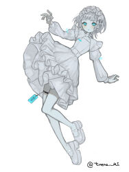 Rule 34 | 1girl, aqua eyes, aqua theme, blush, dress, expressionless, framed cleavage, frilled hairband, frills, full body, grey hair, greyscale, hairband, lolita hairband, long sleeves, looking at viewer, mary janes, monochrome, original, parted lips, shoes, short hair, shrug (clothing), simple background, solo, spot color, tag, thigh strap, tunena mi, white background, white dress