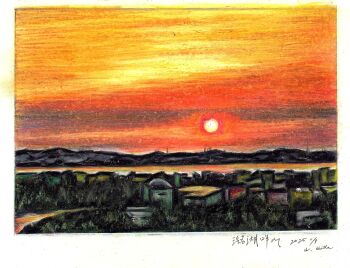 baden_hiroshi border colored_pencil_(medium) commentary_request dated evening highres lake lake_hamana landscape no_humans orange_sky original outdoors real_world_location scenery shizuoka_prefecture sky sun sunset traditional_media white_border
