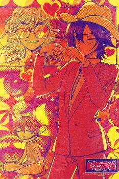 Rule 34 | >:), 3girls, abstract background, artist logo, blush, chain, chained, commentary request, cowboy hat, cowgirl (western), dark-skinned female, dark skin, flat chest, formal clothes, glasses, grin, halftone, hat, heart, heart hands, highres, indian style, limited palette, logo, looking at viewer, medium hair, multiple girls, necktie, nevada (star fetchers), octagonal eyewear, one eye closed, oyasumikk, pig, puckered lips, red theme, sanyati (star fetchers), screentones, sharp teeth, short hair, signature, sitting, smile, standing, star fetchers, star fetchers: escape from pork belly, suit, tank top, teeth, tomboy, twitter username, v-shaped eyebrows, zambezi (star fetchers)