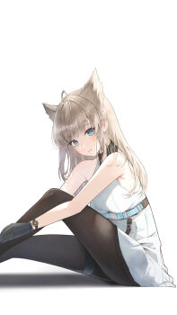 Rule 34 | 1girl, ahoge, arknights, arknights: endfield, bare shoulders, black gloves, black pantyhose, blonde hair, blue eyes, closed mouth, dress, feet out of frame, gloves, hands on own legs, highres, knee up, long hair, pantyhose, perlica (arknights), pleated dress, qoray7, sitting, sleeveless, sleeveless dress, solo, white dress, yellow pupils