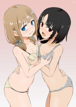 2girls :d absurdres black_hair blue_ribbon bra braid breasts brown_eyes cleavage closed_mouth commentary_request from_side grabbing_another&#039;s_breast green_bra green_panties grey_panties grey_sports_bra groping hair_ornament hair_ribbon highres low_twintails multiple_girls open_mouth original panties ribbon short_hair sirokohi small_breasts smile sports_bra standing stomach thighs twintails underwear underwear_only x_hair_ornament yuri