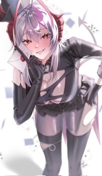 Rule 34 | 1girl, ahoge, ambience synesthesia, antenna hair, antennae, arknights, asymmetrical gloves, asymmetrical sleeves, black gloves, black hat, black leotard, black pantyhose, black skirt, blush, breasts, cleavage, commentary request, demon girl, demon horns, demon tail, elbow gloves, feet out of frame, gloves, grey hair, hand on own hip, hat, highres, holding, holding letter, horns, leaning forward, leotard, letter, looking at viewer, magnum 0000, medium breasts, medium hair, official alternate costume, open mouth, orange eyes, pantyhose, parted lips, playing card game, playing games, red horns, sharp teeth, sidelocks, simple background, skirt, smile, solo, standing, tail, teeth, thighs, torn clothes, torn pantyhose, w (arknights), w (wanted) (arknights), white background