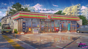3d arsenixc blue_car blue_sky building car city convenience_store evening highres love_money_rock&#039;n&#039;roll motor_vehicle no_humans outdoors pickup_truck reflective_floor scenery shop sky tree truck van