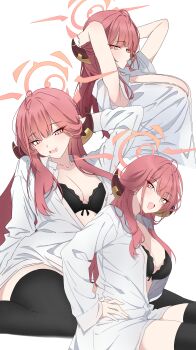 1girl absurdres aru_(blue_archive) black_bra blue_archive bra breasts brown_horns cleavage commentary demon_horns dress_shirt fang halo highres horns large_breasts long_hair long_sleeves low_horns m1kku_76 multiple_views orange_eyes orange_halo oversized_clothes oversized_shirt partially_open_shirt pink_hair shirt simple_background skin_fang solo_focus thighhighs underwear white_background white_shirt