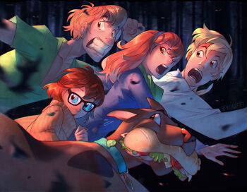 2girls 3boys brown_hair daphne_blake dog everyone food freckles fred_jones fred_jones hanna-barbera multiple_boys multiple_girls nana_nakano running sandwich scared scarf scooby-doo scooby-doo_(character) shaggy_rogers velma_dinkley