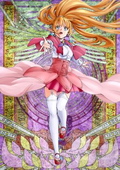 1girl blonde_hair blue_eyes bouncing_breasts breasts capelet collared_shirt colorized dot_nose dungeon_ni_deai_wo_motomeru_no_wa_machigatteiru_darou_ka elf female_focus full_body garter_belt garter_straps highres kneehighs large_breasts lefiya_viridis legs long_hair long_sleeves manga_illustration manga_page miniskirt neckerchief official_art open_mouth pink_capelet pink_heels pink_skirt pleated_skirt pointy_ears ponytail purple_neckerchief sexually_suggestive shirt skirt socks solo solo_focus sword_oratoria teeth thighhighs thighs upper_teeth_only white_garter white_garter_belt white_garter_straps white_shirt white_thighhighs yagi_takashi zettai_ryouiki