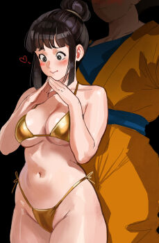 1boy 1girl :&gt; bikini black_background black_hair blue_eyes blush breasts chi-chi_(dragon_ball) couple curvy dragon_ball embarrassed excited excited_for_sex gold_bikini heart hetero highleg highleg_bikini highres husband_and_wife implied_sex kirani muscular muscular_male serious shiny_skin son_goku standing swimsuit thick_thighs thighs thong thong_bikini wide_hips