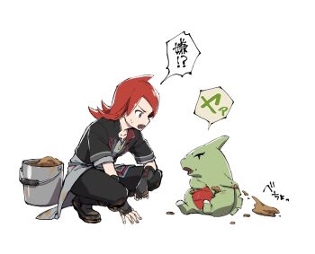 1boy black_gloves black_pants bucket collarbone commentary_request cowlick fingerless_gloves gen_2_pokemon gloves highres larvitar long_hair looking_down male_focus mocollie mud nintendo official_alternate_costume open_mouth pants pokemon pokemon_(creature) pokemon_masters_ex red_hair shoes silver_(pokemon) silver_(sygna_suit)_(pokemon) simple_background speech_bubble squatting sweat teeth white_background
