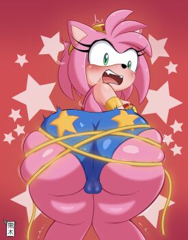 1girl amy_rose animal_ears ass ass_focus backboob bdsm blush bondage bound breasts cameltoe colored_skin cosplay dc_comics female_focus furry gloves green_eyes huge_ass kurokiart97 lasso_of_truth leotard looking_back motion_lines pink_skin sega solo sonic_(series) superhero_costume superheroine_costume warner_bros. wonder_woman wonder_woman_(cosplay) wonder_woman_(series)