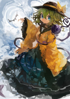 1girl absurdres black_hat blue_eyes bow closed_mouth commentary green_hair green_skirt hair_between_eyes hat hat_bow heart heart_of_string highres kaamin_(mariarose753) komeiji_koishi long_sleeves looking_at_viewer shirt skirt solo third_eye touhou wide_sleeves yellow_bow yellow_shirt