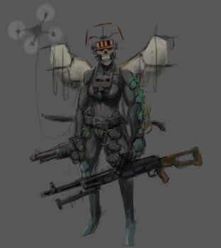 Rule 34 | 1girl, belt, breasts, cable, commentary, cyberpunk, cyborg, drone, english commentary, english text, explosive, exposed bone, full body, grenade, grey background, gun, holding, holding gun, holding weapon, horror (theme), implied invisibility, korsa4el, marie (peripeteia), medium breasts, muscular, muscular female, night vision device, painterly, peripeteia, pump action, quadcopter, radio antenna, redesign, science fiction, shotgun, simple background, sketch, skull, solo, weapon, weapon request