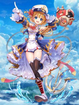 1girl anchor ascot baizu_(guszx) belt black_thighlet blue_eyes blush boots breasts chain cloud detached_sleeves full_body gloves hair_ribbon hand_on_own_hat hands_up hat hoshi_tanuki_(shironeko_project) index_finger_raised kamome_narumi leg_up looking_at_viewer medium_breasts official_art open_mouth orange_hair outstretched_arm pink_belt pointing red_ascot red_ribbon ribbon rope shironeko_project shirt short_hair shorts sky sleeveless sleeveless_shirt smile splashing standing standing_on_one_leg tachi-e thighs third-party_source white_boots white_gloves white_hat white_shorts wide_sleeves