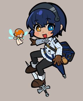 Rule 34 | 1boy, 1girl, bag, barefoot, blue eyes, blue hair, blush, boots, brown gloves, chibi, chibi only, commentary request, fairy, gallica (metaphor: refantazio), gloves, grey background, hair between eyes, hairband, heterochromia, highres, koyuki0125k, long sleeves, metal hairband, metaphor: refantazio, open mouth, orange eyes, orange hair, pointy ears, protagonist (metaphor: refantazio), sheath, simple background, sword, sword riding, weapon