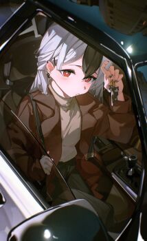 1girl absurdres ayu_(user_xkhp7843) black_hair black_pants blue_archive blush brown_coat car closed_mouth coat ear_piercing grey_shirt highres kayoko_(blue_archive) long_hair looking_at_viewer motor_vehicle multicolored_hair pants piercing red_eyes shirt sitting solo turtleneck turtleneck_shirt two-tone_hair white_hair