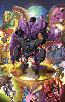 1girl 6+boys back-to-back bat_wings beast_wars character_request cheetor clenched_hand comic_cover commentary cover cover_page dinobot_(beast_wars) dyemooch english_commentary flying glowing glowing_eyes heads_together highres looking_down maximal mecha megatron megatron_(beast_wars) multiple_boys no_humans official_art open_hand optimus_primal own_hands_together predacon rattrap red_eyes rhinox robot scorponok sharp_teeth standing tarantulas teeth terrorsaur textless_version transformers visor waspinator wings yellow_eyes