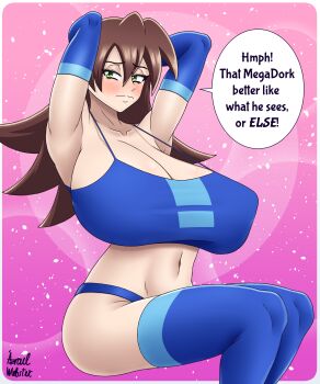 1girl absurdres armpits arms_behind_head arms_up azraelwebster blush breasts capcom cleavage female_focus green_eyes highres huge_breasts long_hair looking_at_viewer mega_man_(series) mega_man_legends_(series) navel solo speech_bubble thighhighs tron_bonne_(mega_man)