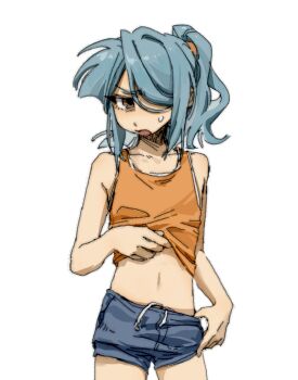 1boy blue_hair blue_shorts brown_eyes commentary english_commentary hair_over_one_eye highres inazuma_eleven inazuma_eleven_(series) kazemaru_ichirouta long_hair male_focus midriff niniliuliu open_mouth orange_tank_top ponytail short_shorts shorts simple_background solo sweat tank_top white_background