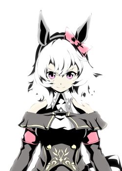 1girl animal_ears bare_shoulders black_dress bow breasts closed_mouth coat curren_chan_(fille_eclair)_(umamusume) curren_chan_(umamusume) dress ear_bow ear_covers grey_hair hair_between_eyes highres horse_ears horse_girl long_sleeves looking_at_viewer medium_breasts off-shoulder_coat off-shoulder_dress off-shoulder_jacket off_shoulder purple_eyes red_bow short_hair simple_background smile solo striped_clothes striped_dress umamusume upper_body white_background zukki_(bijitaru)