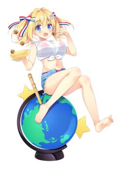 1girl bare_legs barefoot bikini bikini_under_clothes blonde_hair blue_eyes blush bow breasts convenient_leg crescent crescent_hair_ornament denim denim_shorts eyes_visible_through_hair feet flag_print floating_hair food french_flag french_flag_print full_body futamata_ren&#039;ai fuyuichi_monme globe hair_between_eyes hair_bow hair_intakes hair_ornament hair_ribbon hairclip hands_up highres holding holding_food knees_together_feet_apart large_breasts long_hair looking_at_viewer midriff navel official_art open_mouth print_bow print_ribbon promotional_art ribbon see-through_clothes see-through_shirt shirt short_shorts shorts simple_background sitting sitting_on_globe soles solo star_(symbol) star_hair_ornament striped_bikini striped_clothes sweatdrop swimsuit takoyaki thighs toes toiro_kirame transparent_background twintails white_shirt