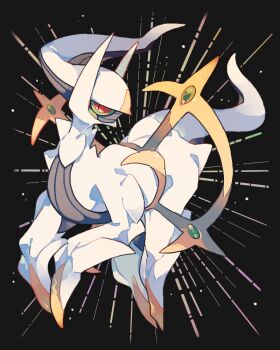 akadako arceus black_background colored_sclera commentary_request full_body gem gen_4_pokemon green_gemstone green_sclera horns legendary_pokemon looking_at_viewer mythical_pokemon nintendo no_humans pokemon pokemon_(creature) pokemon_focus red_eyes solo