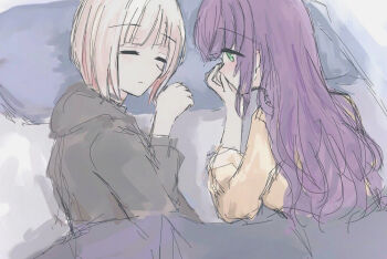 2girls black_jacket borrowed_clothes brown_shirt closed_eyes commentary green_eyes grey_hair hood hood_down hooded_jacket jacket jnnnsdog link!_like!_love_live! long_hair long_sleeves looking_at_another love_live! multicolored_hair multiple_girls otomune_kozue purple_hair red_streaks shared_bed shirt sidelocks sleeping streaked_hair virtual_youtuber yugiri_tsuzuri yugiri_tsuzuri_(winter_loungewear) yuri