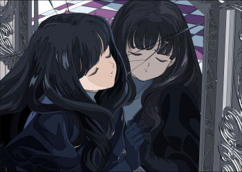 1girl against_mirror black_dress black_gloves black_theme blunt_bangs broken_mirror cardcaptor_sakura checkered_floor closed_eyes daidouji_tomoyo dress edoya_inuhachi gloves hair_over_shoulder hand_on_mirror highres indoors long_hair mirror parted_lips reflection solo