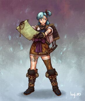 1girl alternate_costume armor artist_name asymmetrical_legwear bandaged_arm bandaged_leg bandages blue_eyes blue_hair bulma closed_mouth dragon_ball dragon_ball_(classic) facing_viewer gloves highres holding holding_scroll japanese_armor japanese_clothes kenji893 kote looking_to_the_side mask mask_around_neck mouth_mask muneate samurai sash scroll sheath sheathed shoulder_armor side_ponytail simple_background single_sode sleeves_rolled_up smile sode solo suneate sword tabi tachi_(weapon) waraji weapon