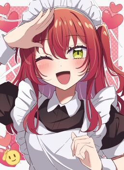 1girl absurdres arm_up bocchi_the_rock! emoji green_eyes hair_between_eyes heart highres kita_ikuyo long_hair looking_at_viewer maid_headdress meiji_(meizi493) one_eye_closed pleading_face_emoji puffy_short_sleeves puffy_sleeves red_hair salute short_sleeves solo upper_body white_wrist_cuffs wrist_cuffs