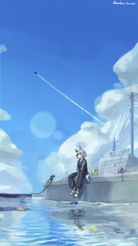 1girl aircraft airplane animal_ears blue_eyes blue_sky bucket closed_mouth cloud cloudy_sky commentary_request dock ear_covers grey_hair hair_ornament hairclip highres horse_ears horse_girl horse_tail jet lens_flare marbow_tomato ocean outdoors overalls reflection reflective_liquid seiun_sky_(umamusume) shoes short_hair single_ear_cover sitting sky smile sneakers solo tail umamusume utility_pole water white_shoes