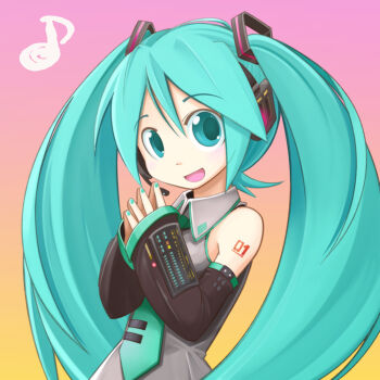 1girl blue_eyes blue_hair blue_nails collared_shirt commentary_request detached_sleeves gradient_background grey_shirt hatsune_miku long_hair musical_note necktie nekotiger open_mouth shirt shoulder_tattoo solo tattoo twintails vocaloid
