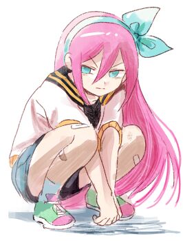 1girl aubrey_(faraway)_(omori) aubrey_(omori) bandaid bandaid_on_leg blue_eyes blue_hairband blue_skirt closed_mouth commentary_request denim denim_skirt double-parted_bangs full_body hair_between_eyes hairband jacket long_hair looking_at_viewer omori open_clothes open_jacket pink_hair rasu_(pixiv9799832) shoes short-sleeved_jacket short_sleeves sidelocks simple_background skirt sneakers socks solo squatting v_arms white_background white_jacket white_socks