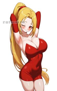 1girl armpits bare_shoulders blonde_hair breasts cleavage closed_mouth collarbone commentary_request commission dress elbow_gloves gloves large_breasts long_hair looking_at_viewer one_eye_closed ponytail ratunitu_en red_dress red_eyes red_gloves shynesslady simple_background skeb_commission smile solo star_ocean star_ocean:_the_second_story strapless very_long_hair watermark white_background