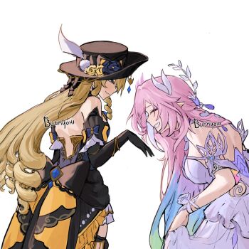 aqua_hair artist_name black_gloves black_hairband blonde_hair blue_eyes breasts bunnyoki commentary cyrene_(demiurge)_(honkai:_star_rail) cyrene_(honkai:_star_rail) dress drill_hair elbow_gloves english_commentary genshin_impact gloves hairband highres honkai:_star_rail honkai_(series) long_hair medium_breasts mihoyo multicolored_hair navia_(genshin_impact) pink_hair pointy_ears simple_background smile twin_drills two-tone_dress very_long_hair white_background white_dress white_hair yellow_dress