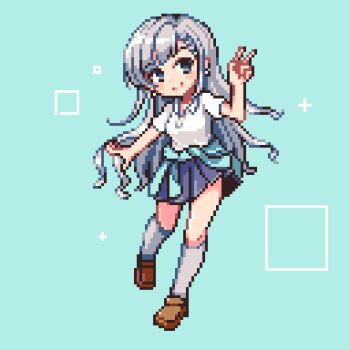 1girl blue_eyes blue_skirt blush braid braided_bangs brown_shoes closed_mouth clothes_around_waist full_body green_background grey_hair grey_socks hand_up hisakawa_hayate idolmaster idolmaster_cinderella_girls idolmaster_cinderella_girls_starlight_stage loafers long_hair looking_at_viewer miniskirt naka-chan pixel_art pleated_skirt school_uniform shirt shoes short_sleeves simple_background skirt smile socks solo sparkle square standing standing_on_one_leg v very_long_hair white_shirt