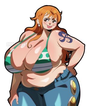 1girl :p artiah669 bikini breasts brown_eyes denim gigantic_breasts hand_on_own_hip hand_on_own_leg huge_breasts jeans long_hair nami_(one_piece) nami_(one_piece)_(return_to_sabaody) one_piece orange_hair pants plump shoulder_tattoo smile solo swimsuit tattoo thick_thighs thighs tongue tongue_out wide_hips