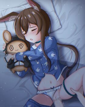 1boy 1girl :3 @_@ absurdres amiya_(arknights) animal_print arknights bed_sheet blue_pajamas bow bow_panties brown_fur censored choker closed_eyes clothes_lift clothes_pull clothing_aside cum cum_in_pussy doctor_(arknights) floppy_ears frilled_panties frills hair_between_eyes hetero highres holding holding_stuffed_toy holding_toy hugging_doll hugging_object infection_monitor_(arknights) jewelry leg_grab leg_lift loli long_hair long_sleeves lying morikado mosaic_censoring multiple_rings navel night objectification on_back on_bed pajamas pajamas_pull panties panties_aside penis pillow ponytail pussy rabbit_ears rabbit_girl rabbit_print rape ring sex shadow sidelocks sleep_molestation sleep_sex sleeping spread_legs stomach stuffed_animal stuffed_rabbit stuffed_toy sweat tearing_up tears textless_version thigh_strap thighs toy unbuttoned underwear vaginal variant_set white_fur white_panties