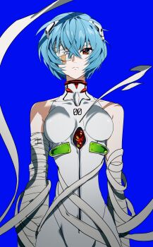 Rule 34 | 1girl, absurdres, ayanami rei, bandage over one eye, bandaged arm, bandaged head, bandages, bare shoulders, blue background, blue hair, bodysuit, breasts, closed mouth, cowboy shot, crossed bangs, hair between eyes, headgear, highres, mecha pilot suit, medium breasts, neon genesis evangelion, plugsuit (evangelion), red eyes, short hair, solo, white bodysuit, yang gallae