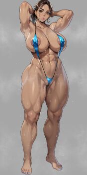 1girl abs alternate_muscle_size areola_slip armpits biceps blush breasts brown_eyes brown_hair cleavage covered_erect_nipples curvy dark-skinned_female dark_skin earrings female_pubic_hair full_body highres hoop_earrings huge_breasts jewelry large_breasts looking_at_viewer mature_female muscular muscular_female muscular_legs nanabe_78 navel obliques parted_lips ponytail presenting_armpit pubic_hair resident_evil resident_evil_5 sheva_alomar short_hair short_ponytail simple_background slingshot_swimsuit solo standing sweat swimsuit thighs toned